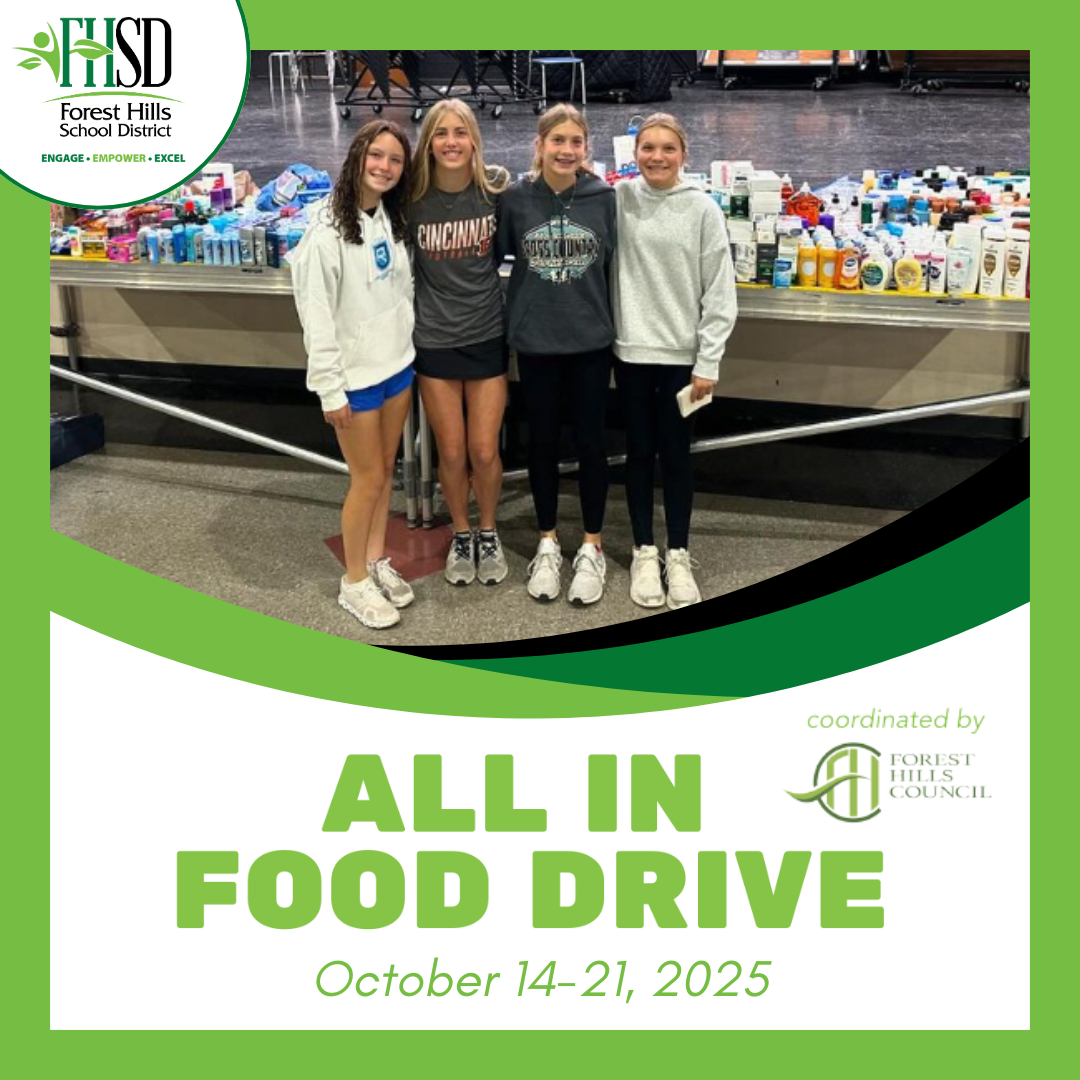 Graphic with photo of students that also says "All In Food Drive October 14-21, 2025"
